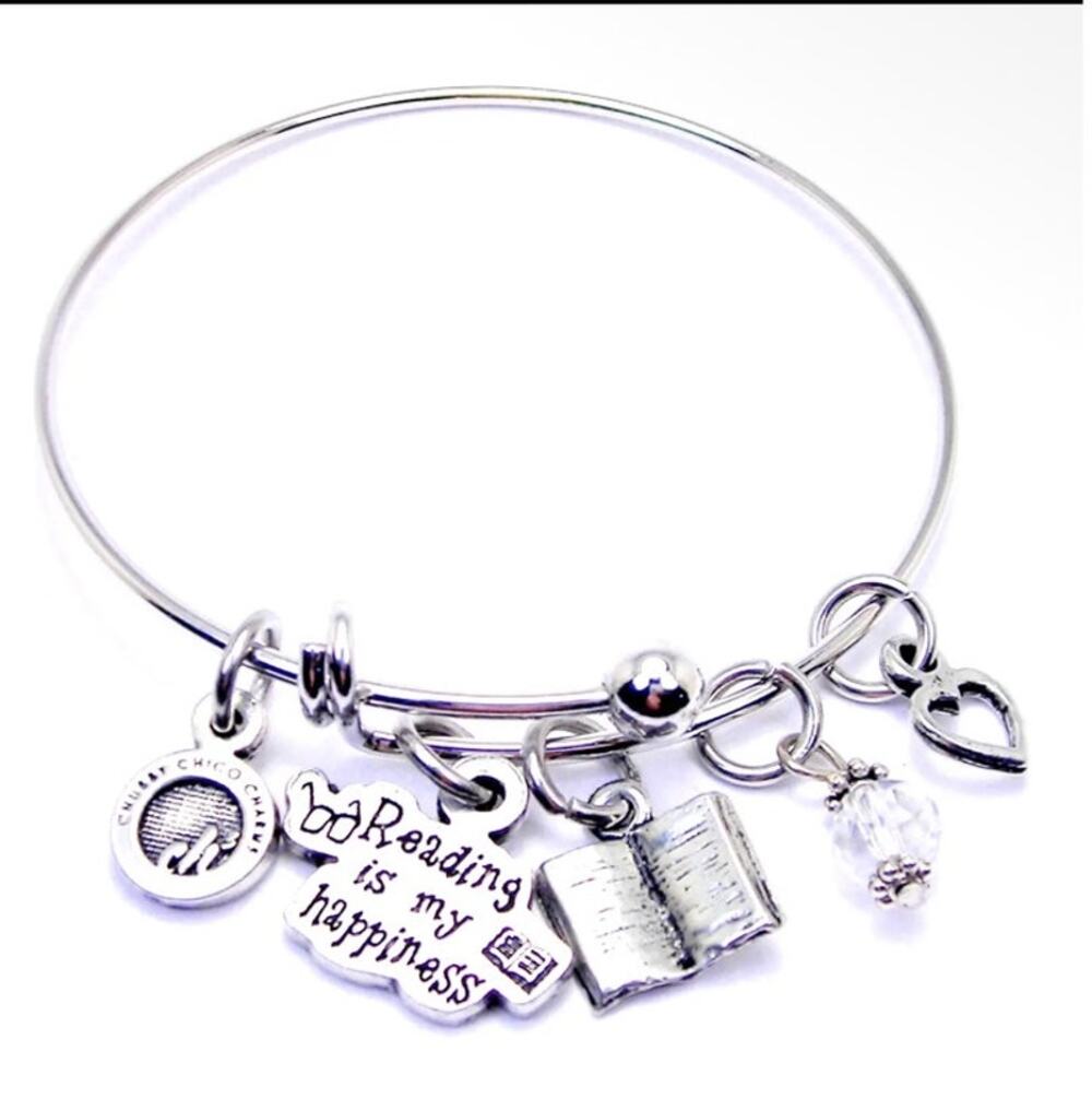 Reading Is My Happiness with Open Book Bangle Bracelet